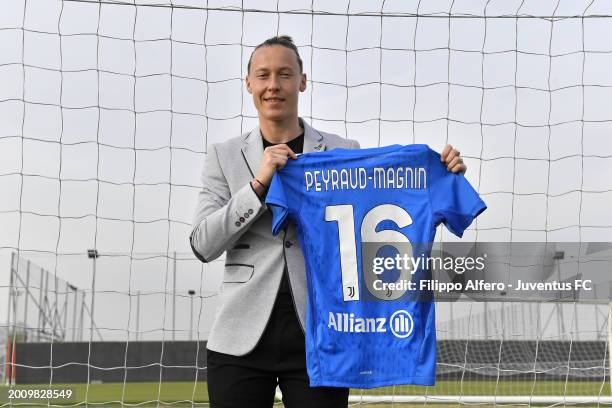 Pauline Peyraud-Magnin poses at Juventus Center Vinovo on February 16, 2024 in Vinovo, Italy.