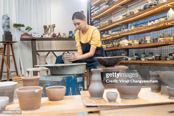 woman makes handmade ceramic pottery from clay - thailand us farm trade health stock pictures, royalty-free photos & images