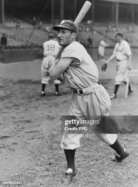 Portrait of Goose Goslin , Left fielder for the Detroit Tigers of the American League during batting practice for the Major League Baseball game...