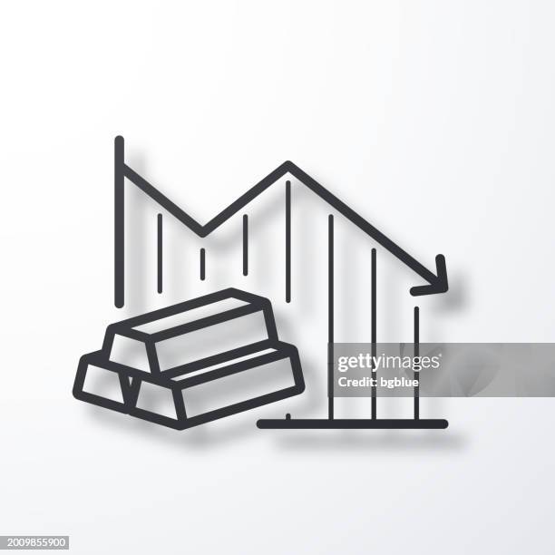 abnehmende grafik mit goldbarren. liniensymbol mit schatten auf weißem hintergrund - 3d data bars stock-grafiken, -clipart, -cartoons und -symbole