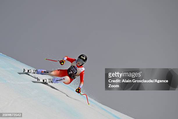 Lara Gut-behrami of Team Switzerland takes 3rd place during the Audi FIS Alpine Ski World Cup Women's Downhill on February 17, 2024 in Crans Montana,...
