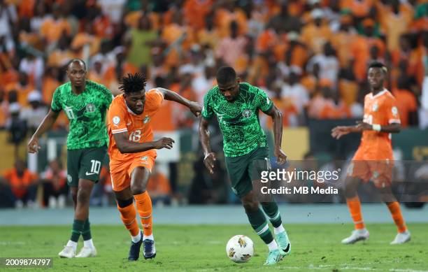 Kelechi Iheanacho of Nigeria competes for the ball with Ibrahim Sangare of Ivory Coast ,during the TotalEnergies CAF Africa Cup of Nations final...