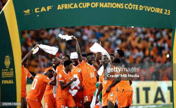 Oumar Diakité of Ivory Coast celebrate with team mates after Ivory Coast won the Africa Cup of Nations 2024 ,during the TotalEnergies CAF Africa Cup...