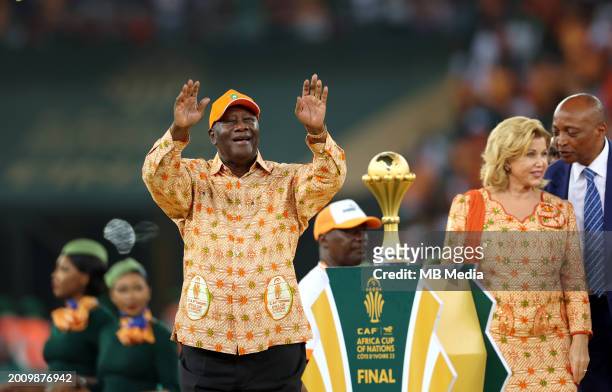 President of Ivory Coast Alassane Ouattara and First Lady of Ivory Coast Dominique Ouattara celebrates after Ivory Coast won the Africa Cup of...