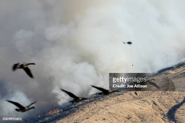 In this screen grab taken from a video clip, a helicopter works on extinguishing the fire at the Port Hills as ducks are seen flying away on February...