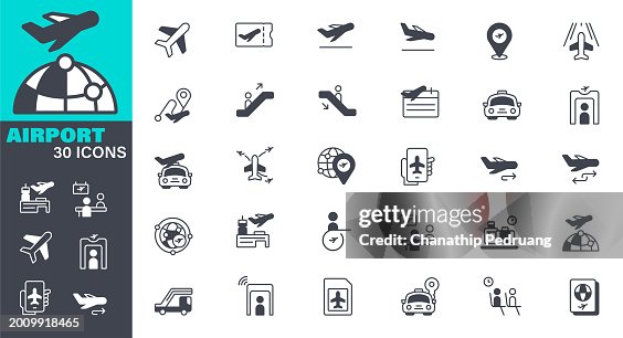 Airport Icons set. Solid icon collection. Vector graphic elements, Icon Symbol, Airplane, Travel, Air Traffic Control Tower Airport Icons set. Solid icon collection. Vector graphic elements, Icon Symbol, Airplane, Travel, Air Traffic Control Tower