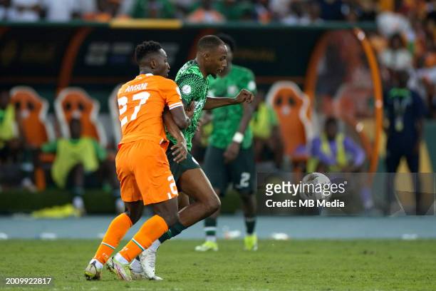 Joe Aribo of Nigeria competes for the ball with Lazare Amani of Ivory Coast ,during the TotalEnergies CAF Africa Cup of Nations final match between...
