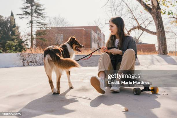 young woman sitting on skateboard with her dog at the skatepark - long leash stock pictures, royalty-free photos & images