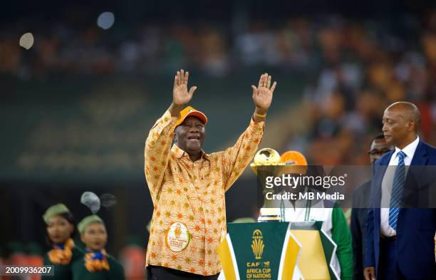 President of Ivory Coast Alassane Ouattara celebrates after Ivory Coast won the Africa Cup of Nations 2024 final football match between Nigeria and...