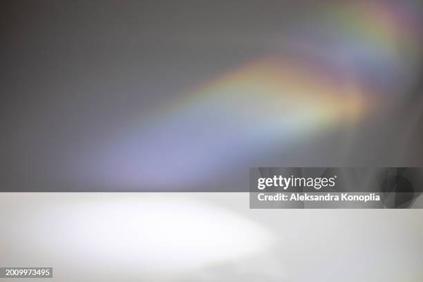 empty studio room background with abstract rainbow prism, holographic gradient crystal disco ball spotlight beams. minimal 3d architectural stage with dreamy festive light. front view, copy space. - stage light 3d stock pictures, royalty-free photos & images