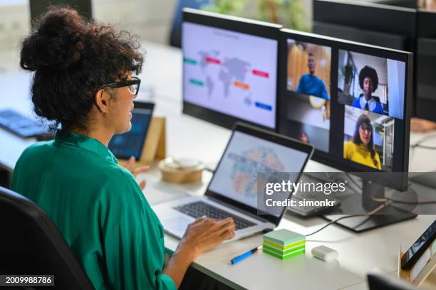 businesswoman with colleagues during conference call - sticky-notes-covering-computer-monitor stock pictures, royalty-free photos & images