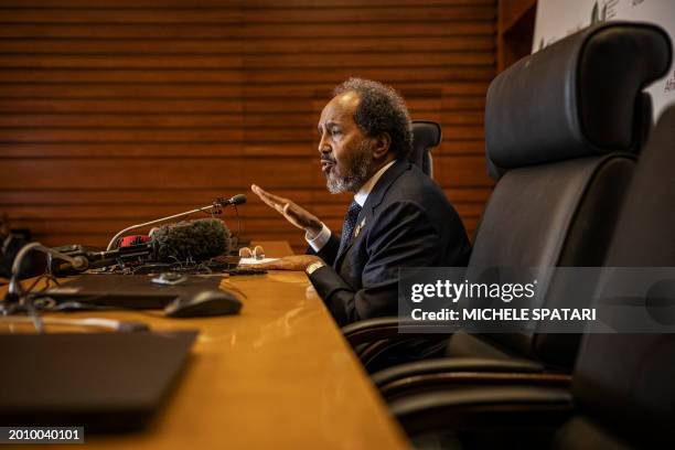 President of Somalia Hassan Sheikh Mohamud conducts a press conference after the 37th Ordinary Session of the Assembly of the African Union at the AU...