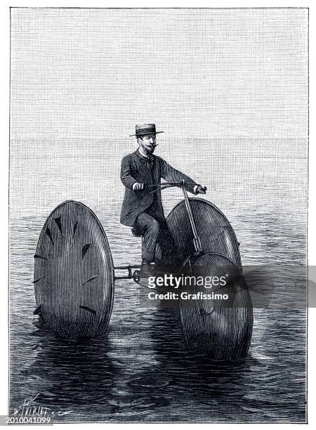 man riding amphibious tricycle vehicle on lake engraving 1891 - amphibious vehicle stock illustrations