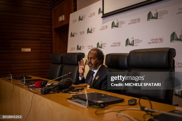 President of Somalia Hassan Sheikh Mohamud conducts a press conference after the 37th Ordinary Session of the Assembly of the African Union at the AU...