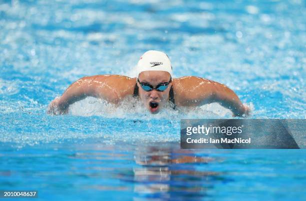 Rachel Klinker of United States competes in the heats of the Women's 200m Butterly on day thirteen of the Doha 2024 World Aquatics Championships at...