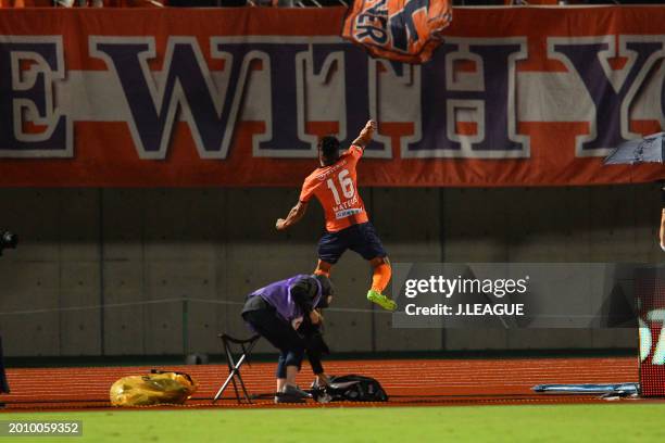 Meteus Castro of Omiya Ardija celebrates after scoring the team's first goal during the J.League J1 match between Omiya Ardija and Gamba Osaka at...