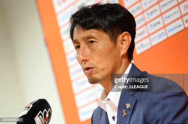 Head coach Akira Ito of Omiya Ardija speaks at the post match press conference after the J.League J1 match between Omiya Ardija and Gamba Osaka at...