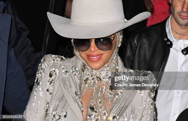 Beyonce leaves the Luar fashion show at 154 Scott in Brooklyn during New York Fashion Week on February 13, 2024 in New York City.