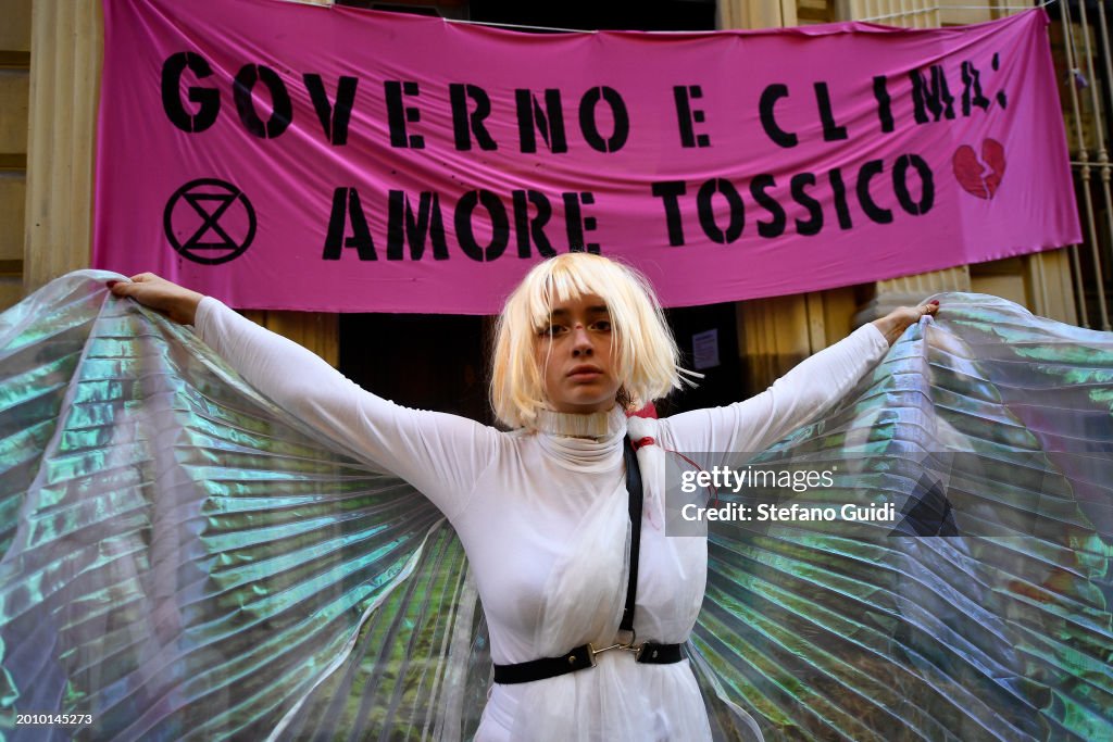 Climate Activists Stage Valentine's Day Action Outside Italian Development Bank Building In Turin