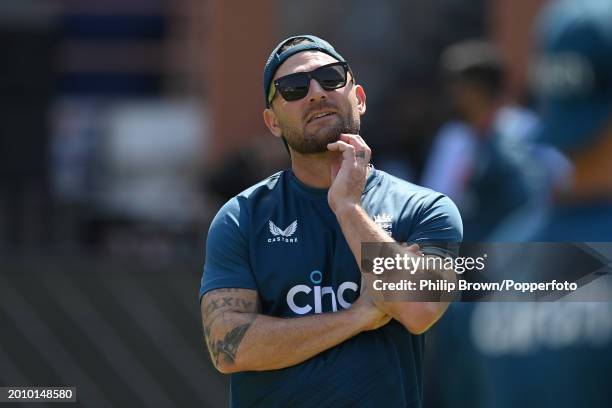 Brendon McCullum looks on during the England Net Session at Saurashtra Cricket Association Stadium on February 14, 2024 in Rajkot, India.