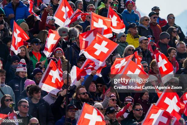 Ambiance during the Audi FIS Alpine Ski World Cup Women's Downhill on February 17, 2024 in Crans Montana, Switzerland.