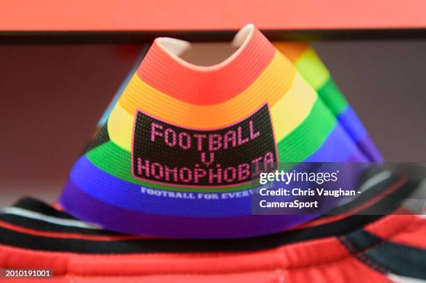 Rainbow coloured captain's armband, reading football v homophobia, supporting Rainbow Laces campaign in the changing room prior to the Sky Bet League...