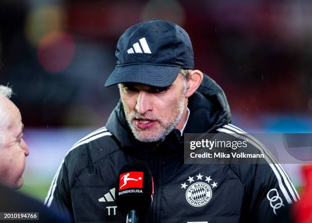 Head coach Thomas Tuchel of Muenchen gets interviewed during the Bundesliga match between Bayer 04 Leverkusen and FC Bayern Muenchen at BayArena on...