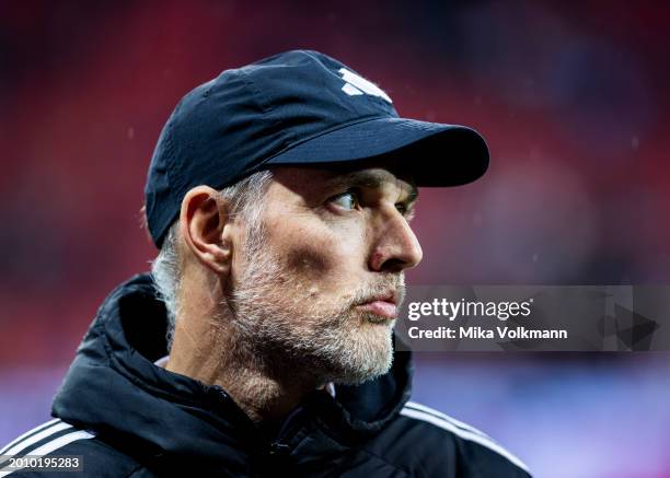 Head coach Thomas Tuchel of Muenchen gets interviewed during the Bundesliga match between Bayer 04 Leverkusen and FC Bayern Muenchen at BayArena on...