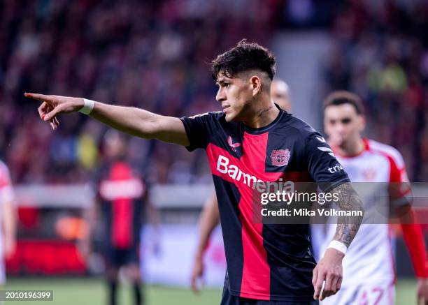 Piero Hincapie of Leverkusen reacts during the Bundesliga match between Bayer 04 Leverkusen and FC Bayern Muenchen at BayArena on February 10, 2024...