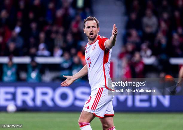 Harry Edward Kane of Muenchen reacts during the Bundesliga match between Bayer 04 Leverkusen and FC Bayern Muenchen at BayArena on February 10, 2024...