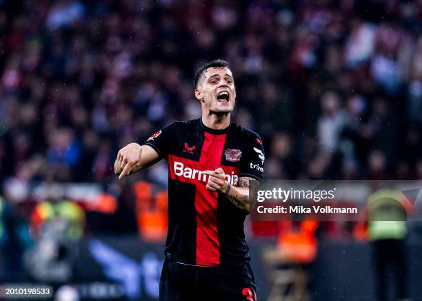 Granit Xhaka of Leverkusen reacts during the Bundesliga match between Bayer 04 Leverkusen and FC Bayern Muenchen at BayArena on February 10, 2024 in...