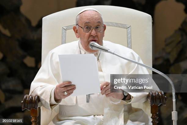 Pope Francis holds his homily during the weekly General Audience at the Paul VI Hall on February 14, 2024 in Vatican City, Vatican. Suggesting Lent...