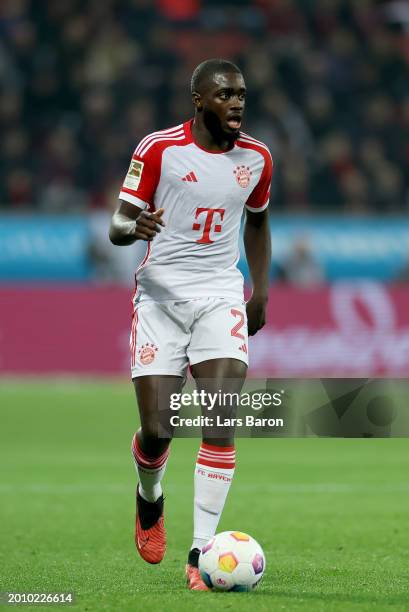 Dayot Upamecano of Bayern Munich runs with the ball during the Bundesliga match between Bayer 04 Leverkusen and FC Bayern München at BayArena on...