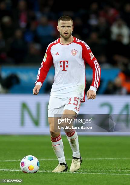 Eric Dier of Muenchen runs with the ball during the Bundesliga match between Bayer 04 Leverkusen and FC Bayern München at BayArena on February 10,...