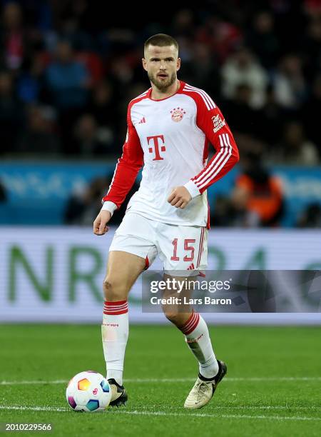 Eric Dier of Muenchen runs with the ball during the Bundesliga match between Bayer 04 Leverkusen and FC Bayern München at BayArena on February 10,...