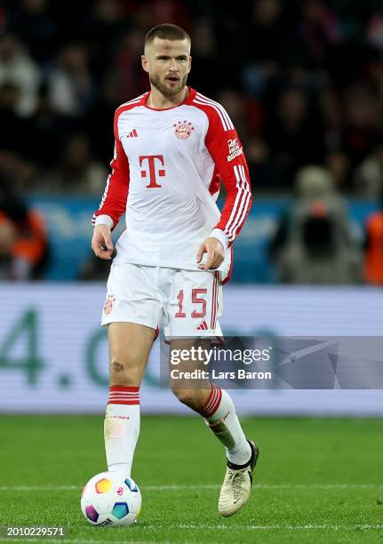 Eric Dier of Muenchen runs with the ball during the Bundesliga match between Bayer 04 Leverkusen and FC Bayern München at BayArena on February 10,...