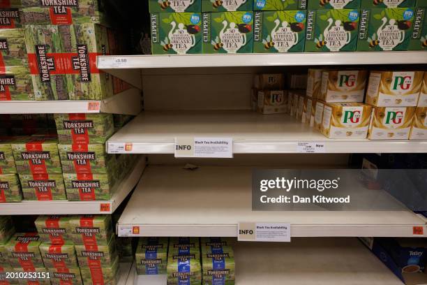 Note to customers in a Sainsbury's supermarket apologising for the availability issues of black tea on February 14, 2024 in London, United Kingdom....