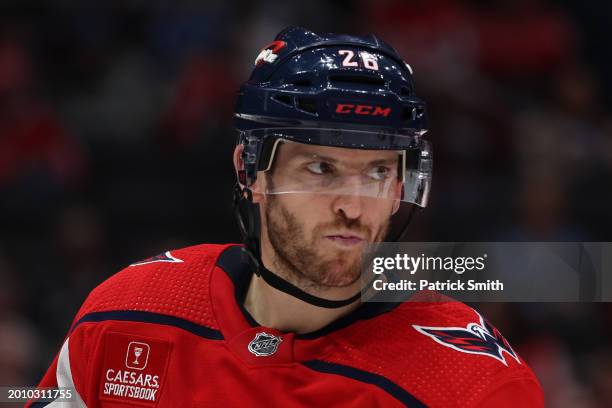 Nic Dowd of the Washington Capitals looks on against the Colorado Avalanche during the third period at Capital One Arena on February 13, 2024 in...