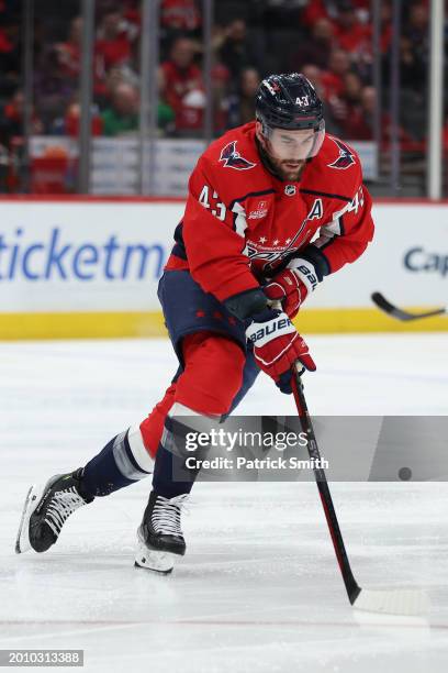 Tom Wilson of the Washington Capitals skates against the Colorado Avalanche at Capital One Arena on February 13, 2024 in Washington, DC.