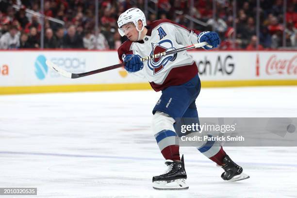 Cale Makar of the Colorado Avalanche shoots against the Washington Capitals at Capital One Arena on February 13, 2024 in Washington, DC.