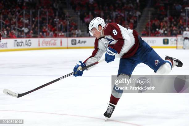 Cale Makar of the Colorado Avalanche shoots against the Washington Capitals at Capital One Arena on February 13, 2024 in Washington, DC.