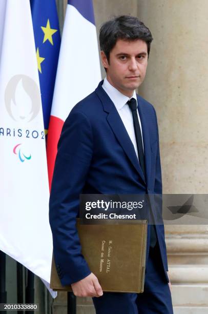 French Prime Minister Gabriel Attal leaves the Elysee palace after the weekly Cabinet meeting on February 14, 2024 in Paris, France. The full...