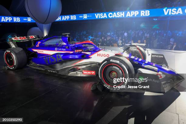 The Visa Cash App RB VCARB 01 is pictured at the Visa Cash App RB Livery Launch Event Las Vegas on February 08, 2024 in Las Vegas, Nevada.