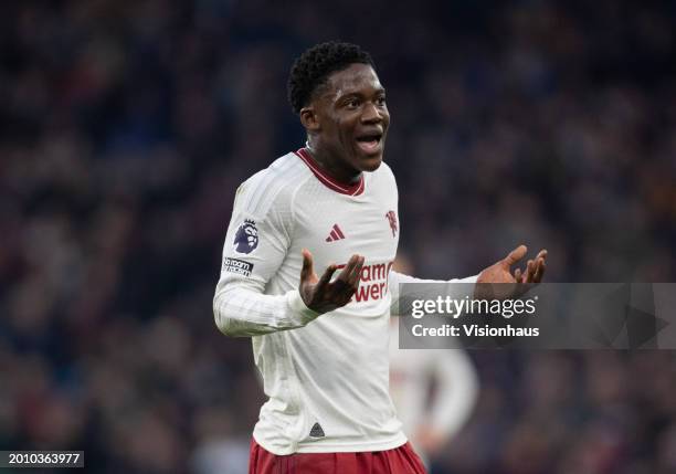 Kobbie Mainoo of Manchester United reacts during the Premier League match between Aston Villa and Manchester United at Villa Park on February 11,...