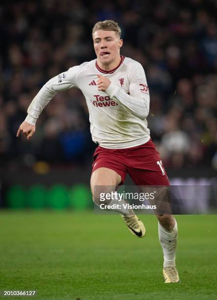 Rasmus Hojlund of Manchester United in action during the Premier League match between Aston Villa and Manchester United at Villa Park on February 11,...