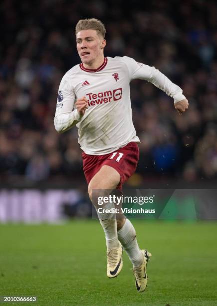 Rasmus Hojlund of Manchester United in action during the Premier League match between Aston Villa and Manchester United at Villa Park on February 11,...