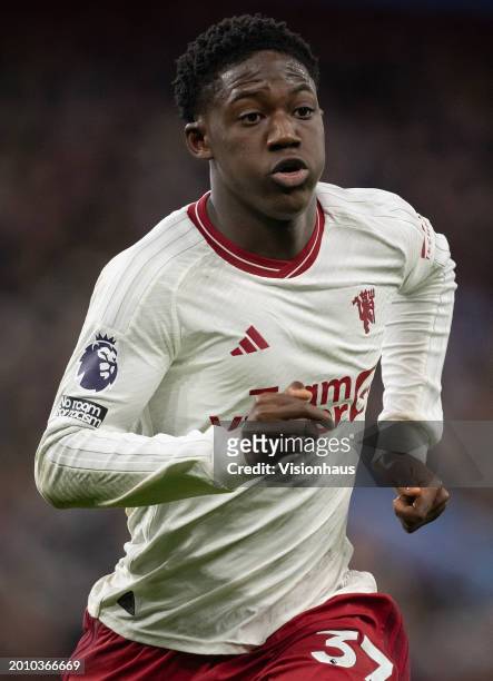 Kobbie Mainoo of Manchester United in action during the Premier League match between Aston Villa and Manchester United at Villa Park on February 11,...