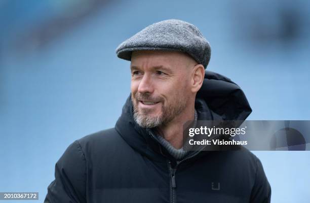 Smiling Erik ten Hag, Manager of Manchester United, looks on prior to the Premier League match between Aston Villa and Manchester United at Villa...