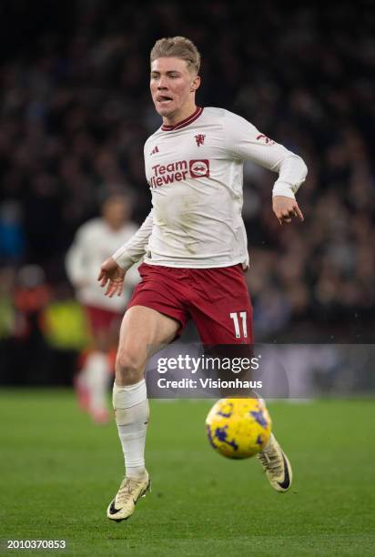 Rasmus Hojlund of Manchester United in action during the Premier League match between Aston Villa and Manchester United at Villa Park on February 11,...