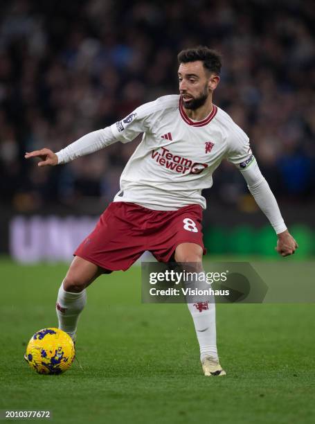 Bruno Fernandes of Manchester United in action during the Premier League match between Aston Villa and Manchester United at Villa Park on February...